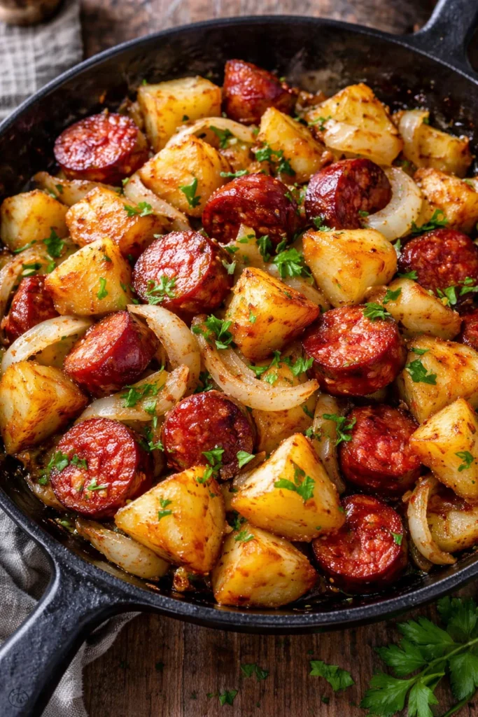 Fried potatoes with onions and smoked Polish sausage served on a plate