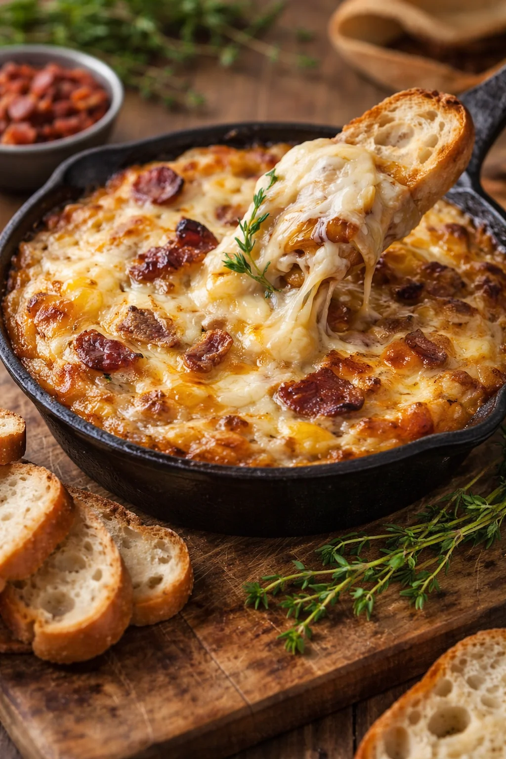 Hot caramelized onion dip topped with bacon and Gruyere cheese