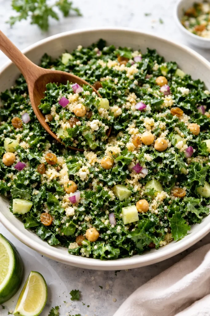 Healthy Kale Quinoa Salad with Lemon Dressing served in a bowl