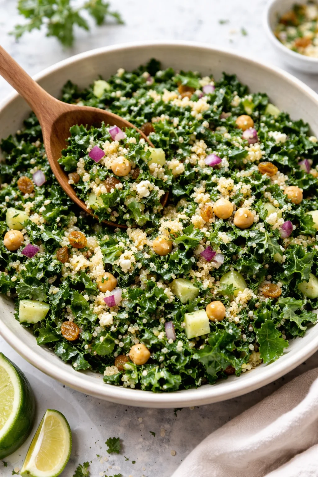 Healthy Kale Quinoa Salad with Lemon Dressing served in a bowl