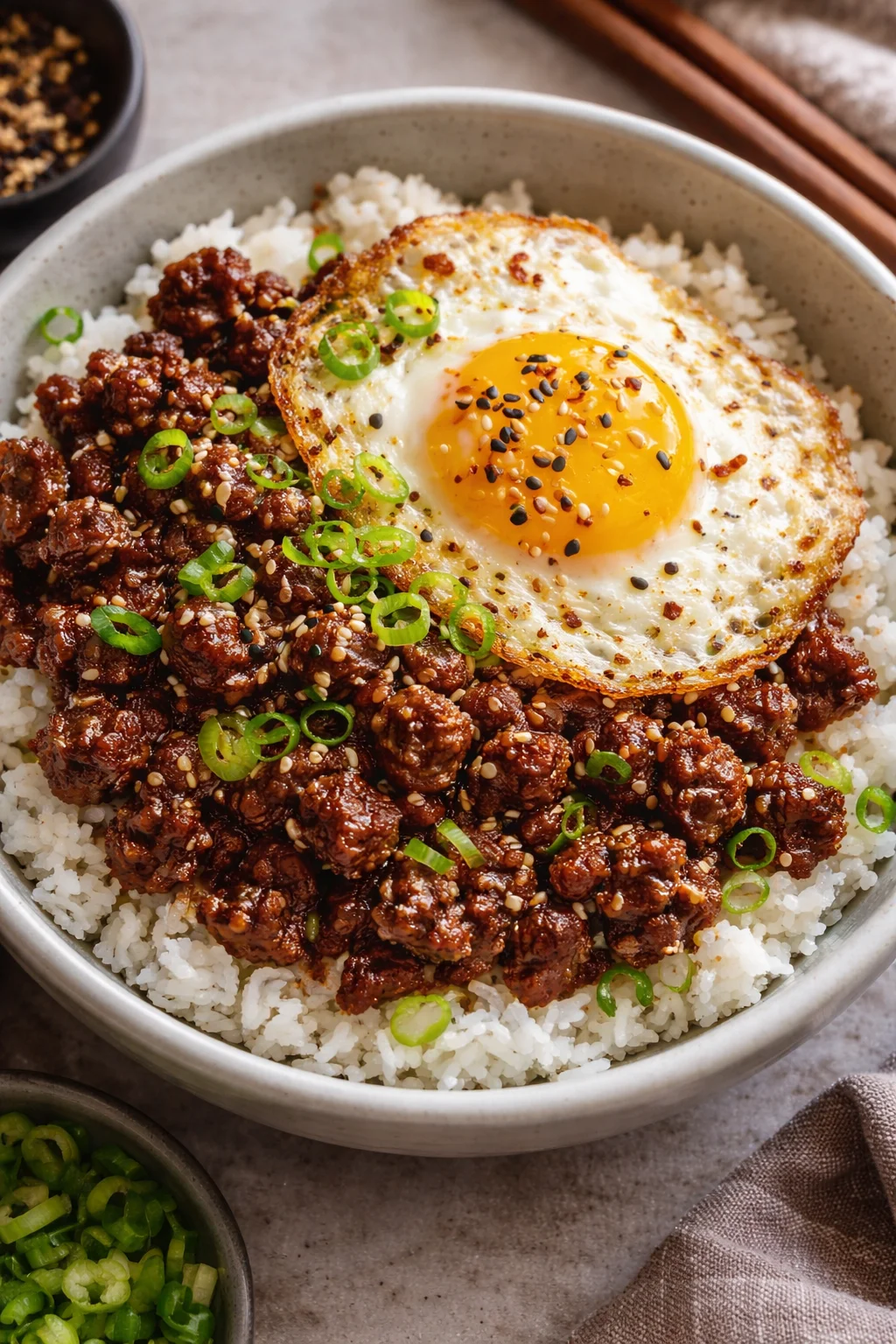 Delicious Korean ground beef bowl topped with vegetables and sesame seeds