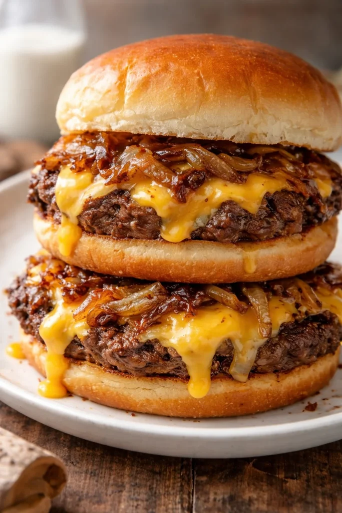 Oklahoma Fried Onion Burger topped with crispy fried onions and served with condiments