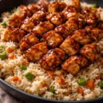 Delicious one-pan honey BBQ chicken rice dish with vibrant ingredients