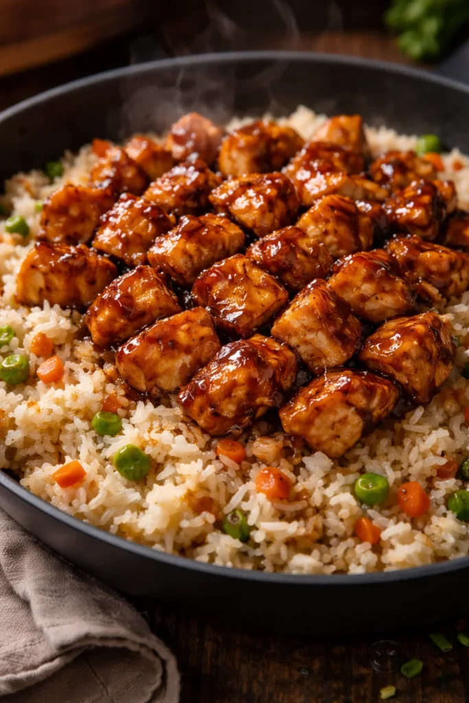Delicious one-pan honey BBQ chicken rice dish with vibrant ingredients