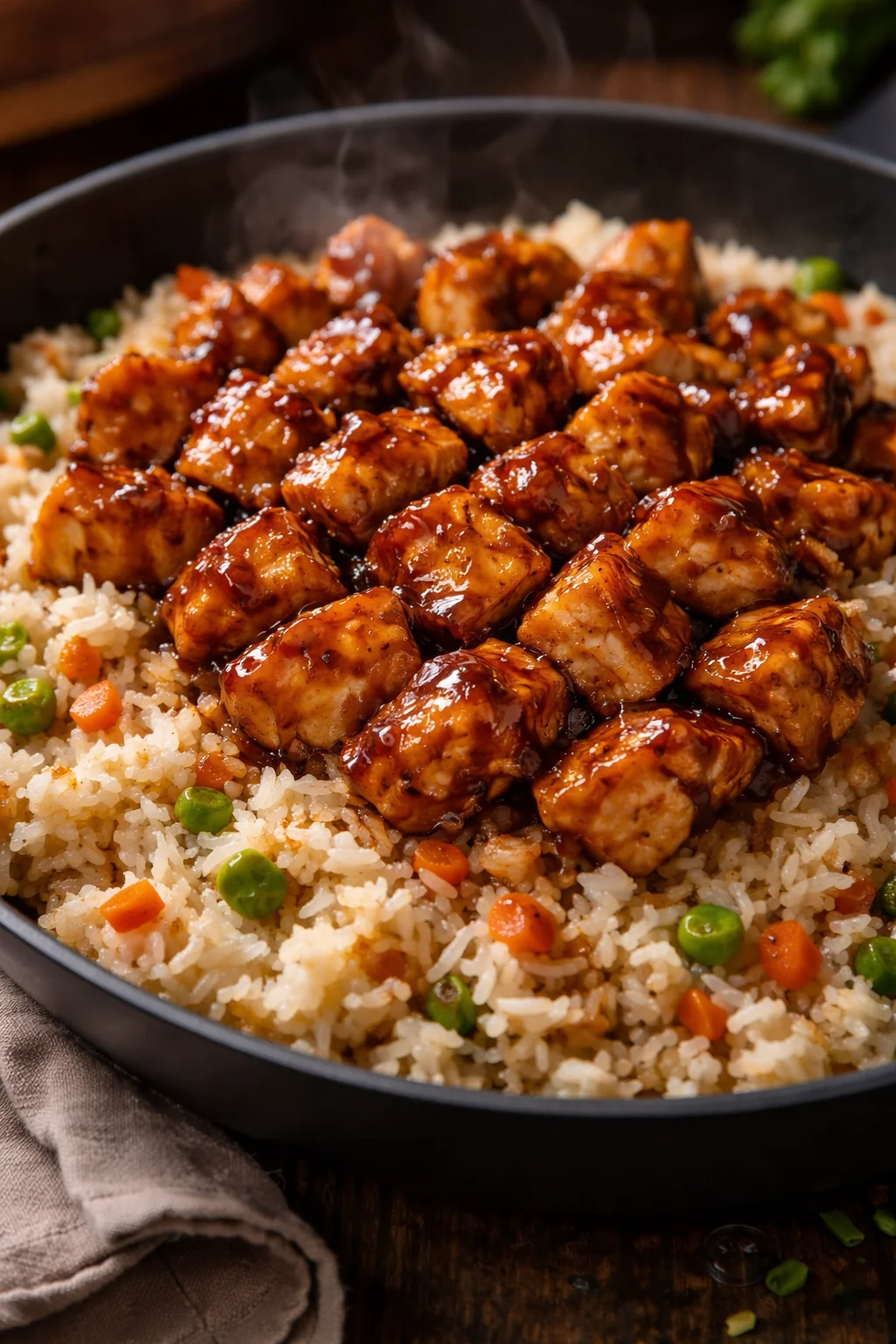 Delicious one-pan honey BBQ chicken rice dish with vibrant ingredients