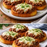 Open face garlic toast sloppy joes topped with ground beef and melted cheese.