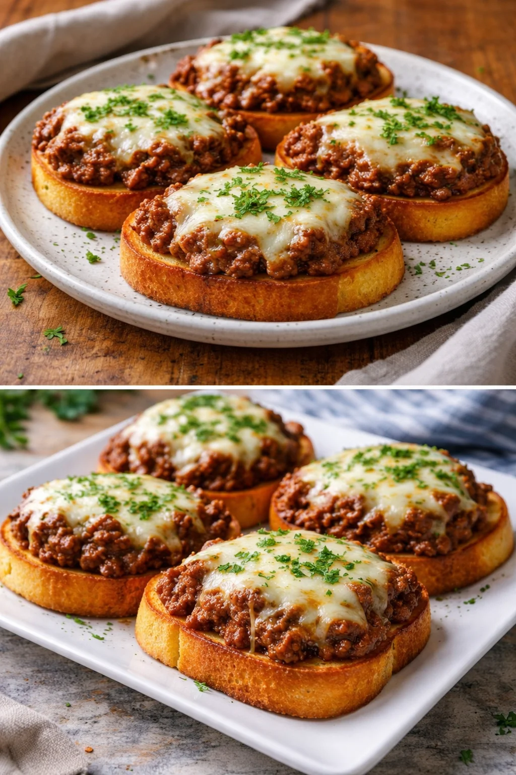 Open face garlic toast sloppy joes topped with ground beef and melted cheese.