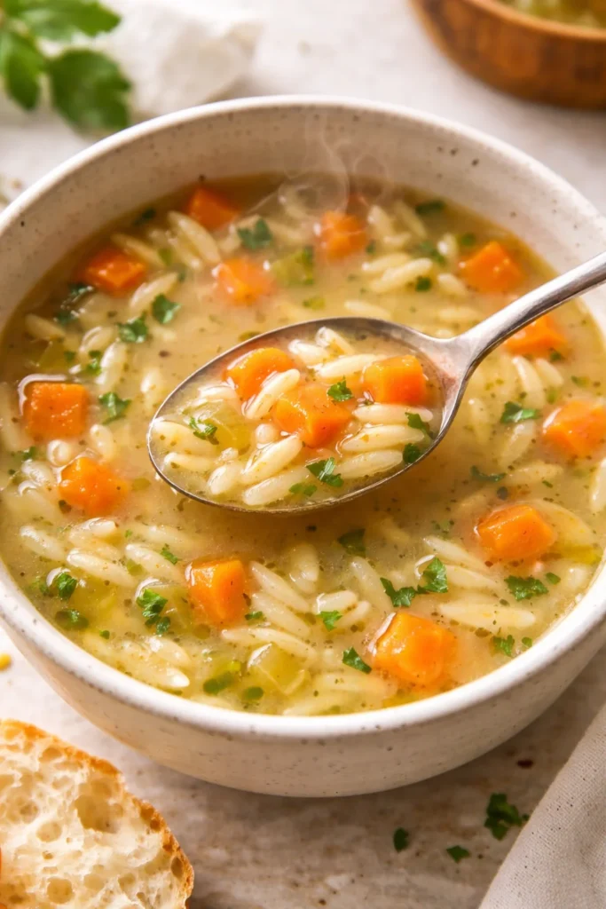 Bowl of delicious homemade orzo soup with fresh herbs and vegetables