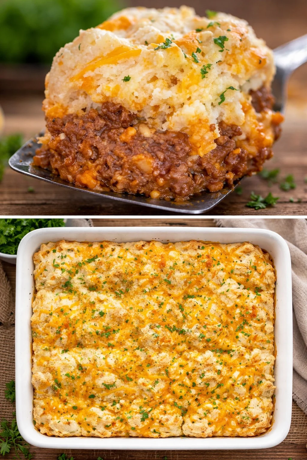 Sloppy Joe Casserole with Cheddar Bay Biscuits in a baking dish