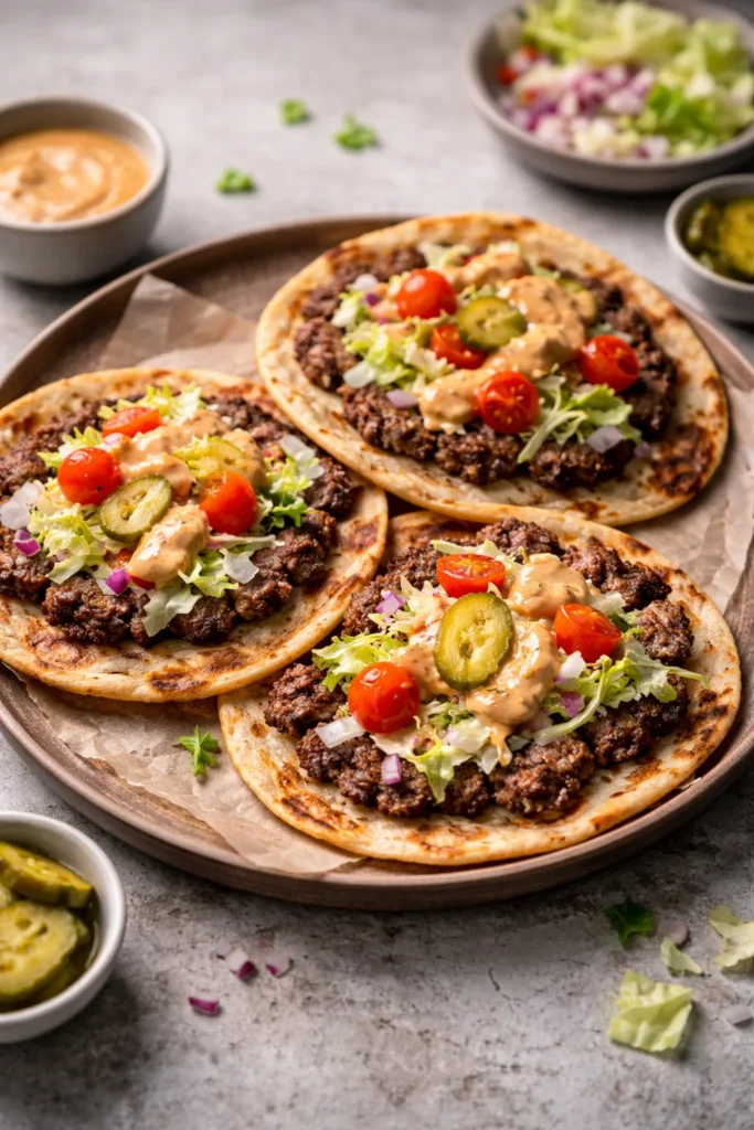 Smash Burger Tacos with special sauce served on a plate