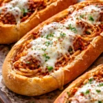 Delicious spaghetti garlic bread bowls served with fresh herbs