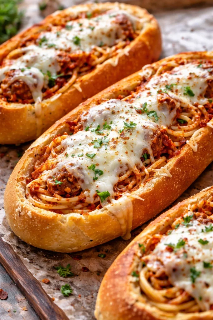Delicious spaghetti garlic bread bowls served with fresh herbs