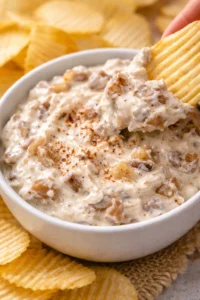 Delicious caramelized onion dip served in a rustic bowl