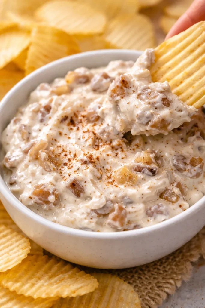 Delicious caramelized onion dip served in a rustic bowl